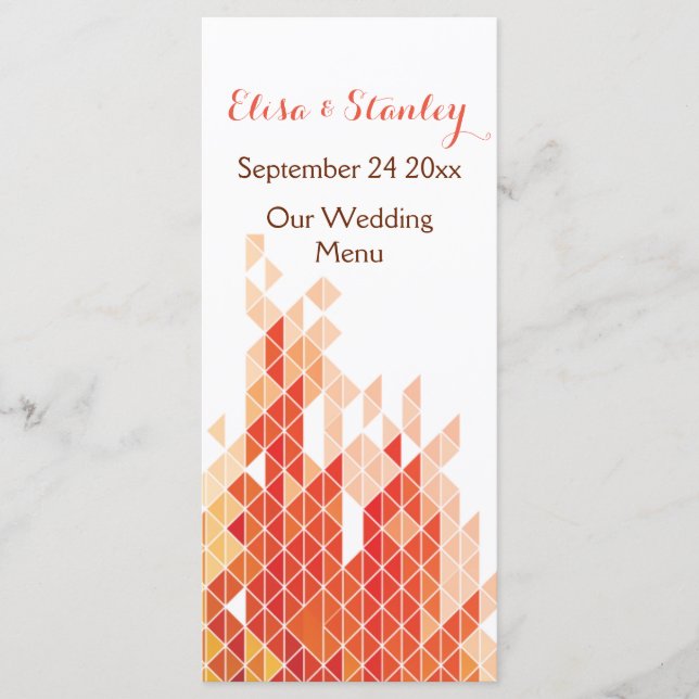 Orange geometric triangles wedding menu card (Front)