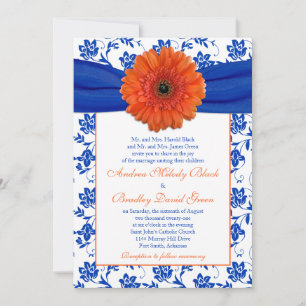 Orange Gerber Cobalt Floral Wedding Invitation