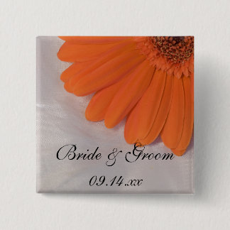 Orange Gerber Daisy and White Satin Wedding 15 Cm Square Badge