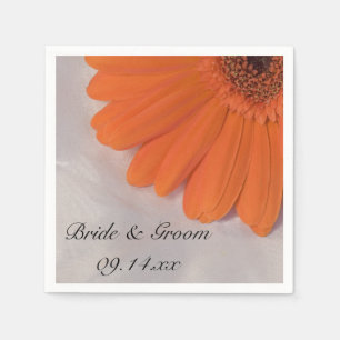 Orange Gerber Daisy and White Satin Wedding Napkin