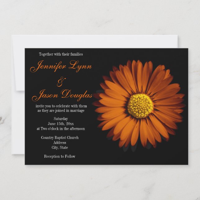 Orange Gerber Daisy Black Wedding Invitations (Front)
