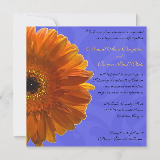 Orange Gerber Daisy Blue Wedding Invitation (Front)