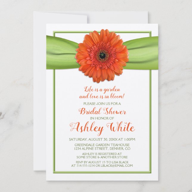 Orange Gerber Daisy Green Bridal Shower Invitation (Front)