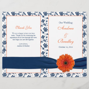 Orange Gerber Daisy Navy Damask Wedding Program