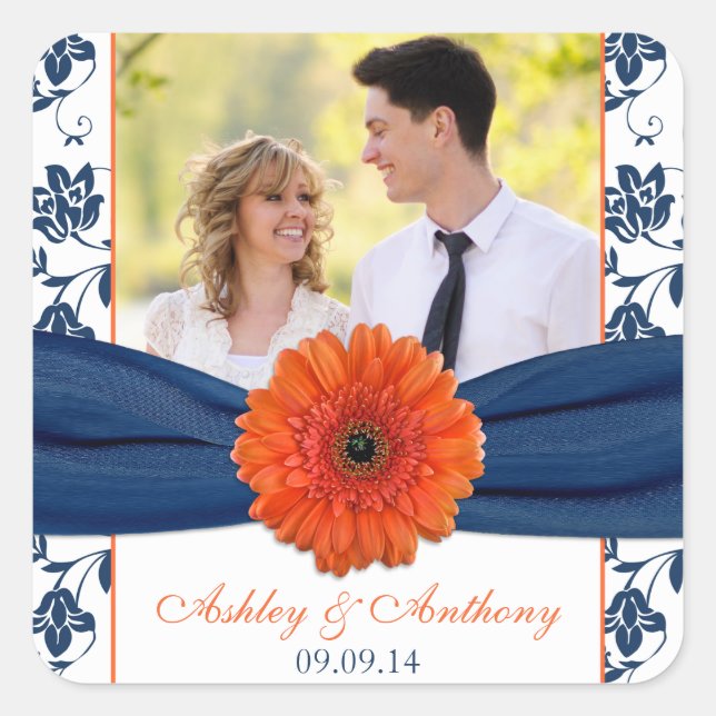 Orange Gerber Daisy Navy Damask Wedding Stickers (Front)