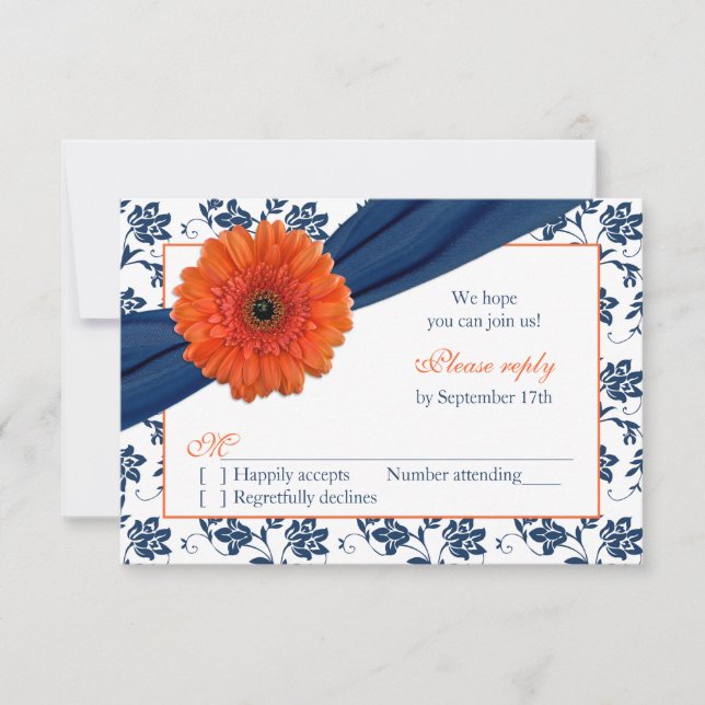 Orange Gerber Navy Blue Damask Floral Wedding RSVP (Front)