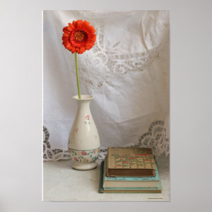 Orange gerbera and books poster