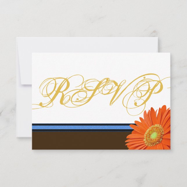 Orange Gerbera Blue Brown w/ Gold Script RSVP (Front)