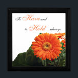 Orange Gerbera Daisy Anniversary Trinket Box<br><div class="desc">This customisable black and white jewellery box has a bunch of bright orange gerbera daisies on it, and the phrase "To have and to hold", which would make it an ideal wedding anniversary gift box for storing a surprise anniversary gift, or let it be the gift itself for your special...</div>