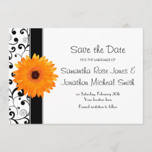 Orange Gerbera Daisy Black Scroll Save the Date
