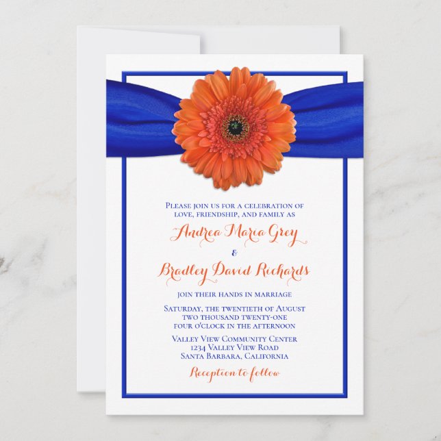 Orange Gerbera Daisy Blue Wedding Invitation (Front)