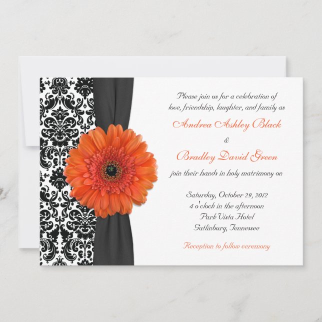 Orange Gerbera Daisy Damask Wedding Invitation (Front)
