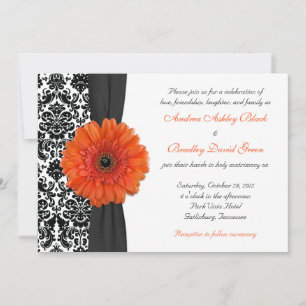 Orange Gerbera Daisy Damask Wedding Invitation