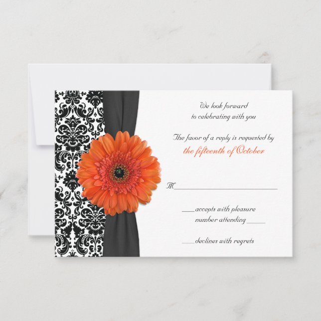 Orange Gerbera Daisy Damask Wedding Reply Card (Front)