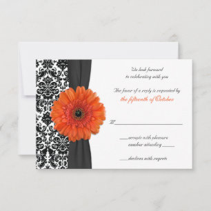 Orange Gerbera Daisy Damask Wedding Reply Card