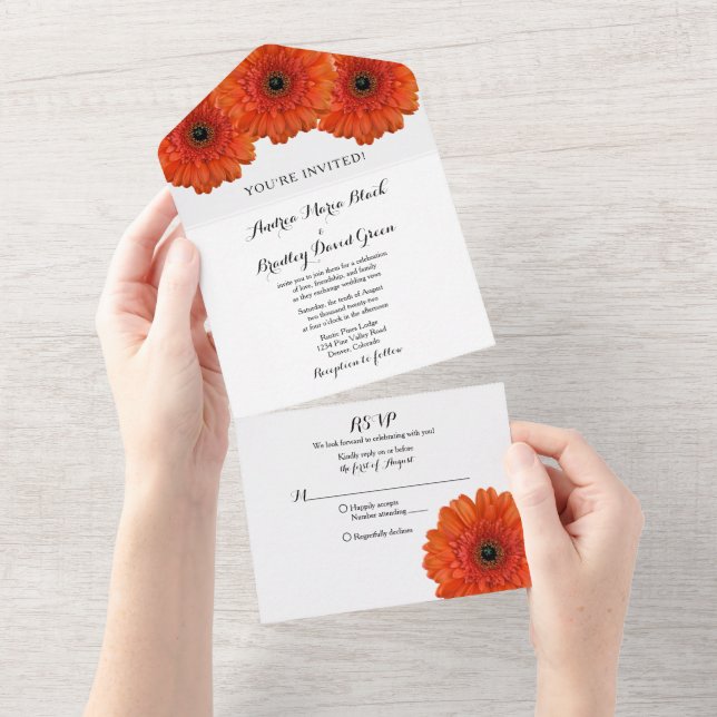 Orange Gerbera Daisy Floral Wedding RSVP All In One Invitation (Tearaway)