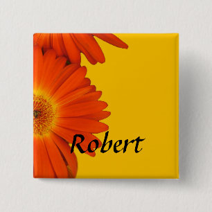 orange gerbera daisy flowers buttons. 15 cm square badge