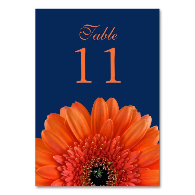 Orange Gerbera Daisy Navy Blue Wedding Table Number (Front)