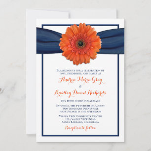 Orange Gerbera Daisy Navy Wedding Invitation