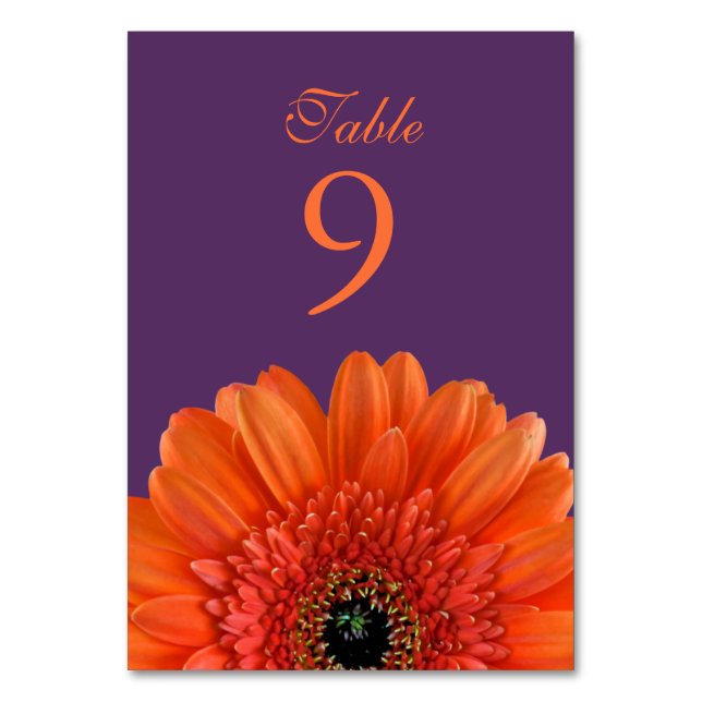 Orange Gerbera Daisy Purple Wedding Table Number (Front)