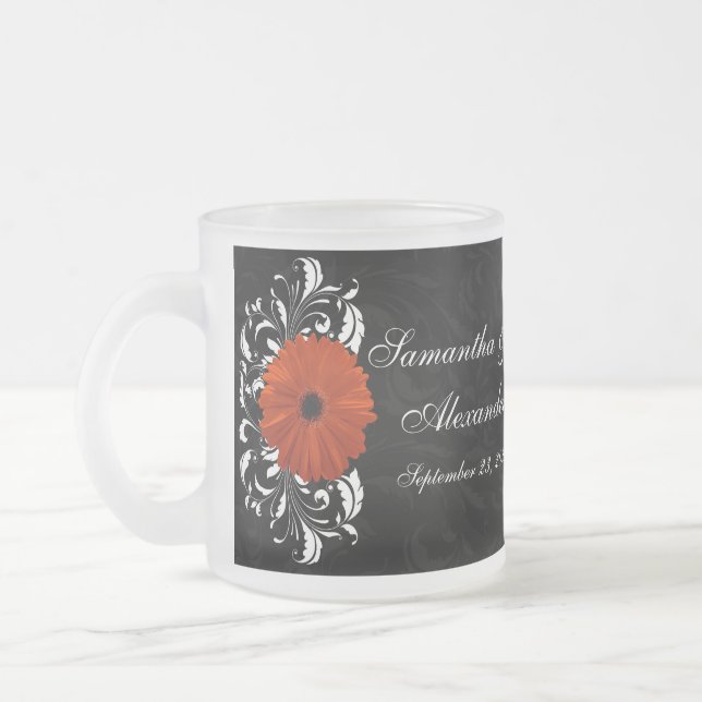 Orange Gerbera Daisy with Black and White Scroll Frosted Glass Coffee Mug (Left)