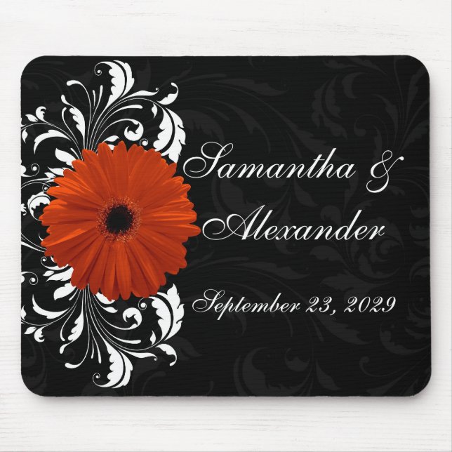 Orange Gerbera Daisy with Black and White Scroll Mouse Mat (Front)