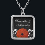 Orange Gerbera Daisy with Black and White Scroll Silver Plated Necklace<br><div class="desc">Tasteful, chic and classy matching collection features black background with subtle swirling scrolls, and a vivid white swirl foreground design with vibrant orange gerbera gerber daisy flower. Perfectly elegant for a fall or autumn wedding, halloween wedding, thanksgiving event or during any season. This item is available as a complete matching...</div>
