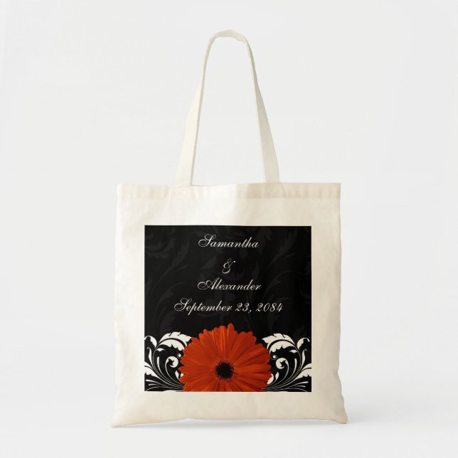 Orange Gerbera Daisy with Black and White Scroll Tote Bag (Front)