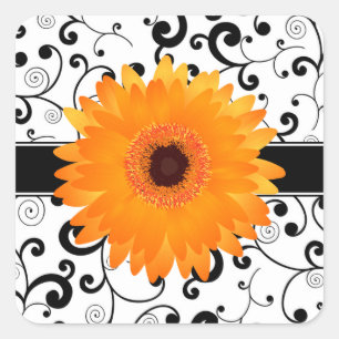 Orange Gerbera Daisy with Black Scroll Design Seal