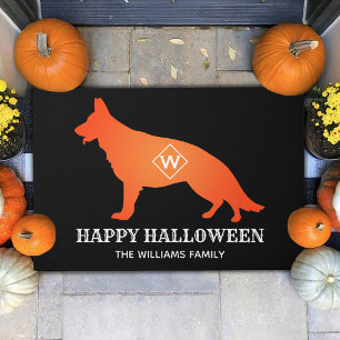 Orange German Shepherd Happy Halloween Family Name Doormat