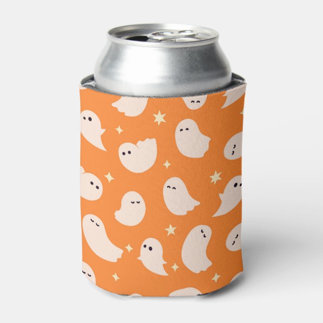 Orange Ghost Doodle Pattern Can Cooler (Can Front)