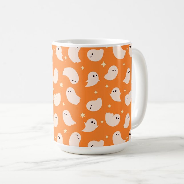 Orange Ghost Doodle Pattern Coffee Mug (Front Right)