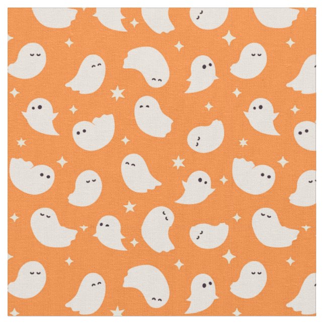 Orange Ghost Doodle Pattern Fabric (Close Up)