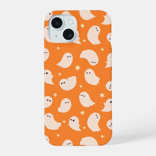 Orange Ghost Doodle Pattern iPhone 15 Case (Back)
