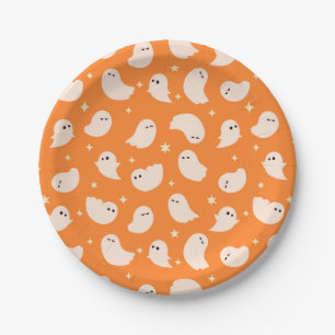 Orange Ghost Doodle Pattern Paper Plate