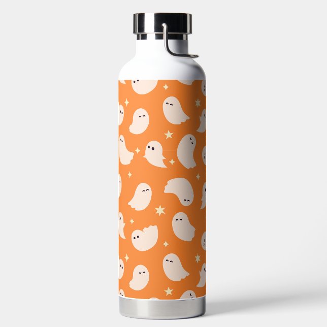 Orange Ghost Doodle Pattern Water Bottle (Left)