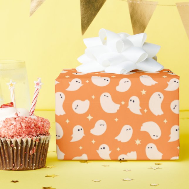 Orange Ghost Doodle Pattern Wrapping Paper (Birthday Party)