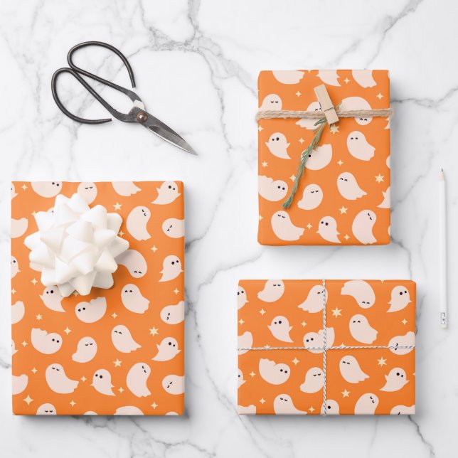 Orange Ghost Doodle Pattern Wrapping Paper Sheet (Front)