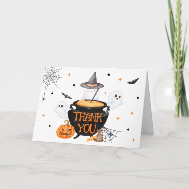 Orange Ghost Halloween Baby is Brewing Baby Shower Thank You Card (Front)