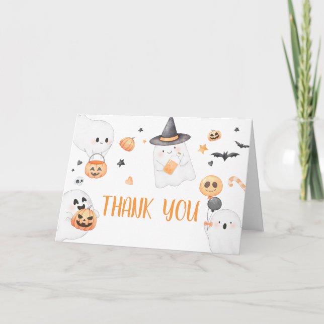 Orange Ghost Halloween Little Boo Baby Shower Thank You Card (Front)
