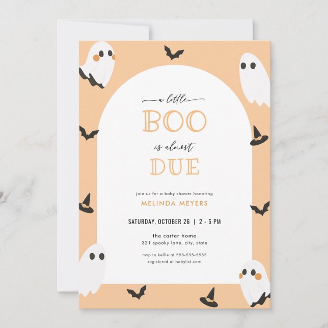 Orange Ghost Little Boo is Due Baby Shower Invite (Front)