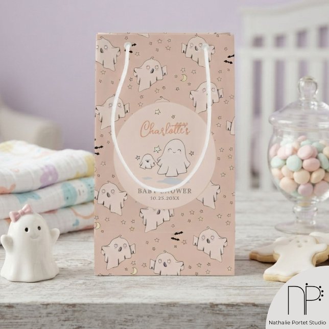 Orange Ghost Small Gift Bag (Hand-drawn ghost bat star moon pastel orange baby shower small gift bag template)