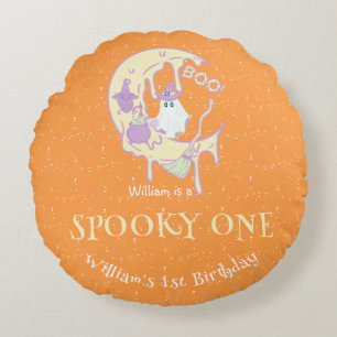 Orange Ghost Spooky One Boy Halloween Birthday Round Cushion