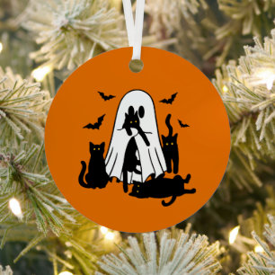 Orange Ghost with Cats Halloween Tree Ornament