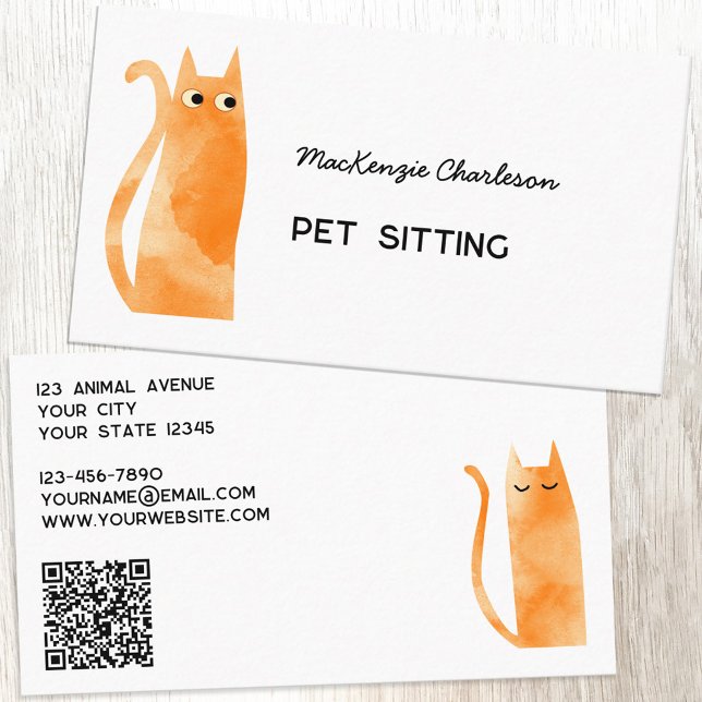 Orange Ginger Cat QR Code Pet Services Business Card (Ginger orange cat watercolor custom text QR code pet sitting feeding services business cards)