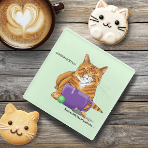 Orange Ginger Coffee Cat Funny Glass Coaster