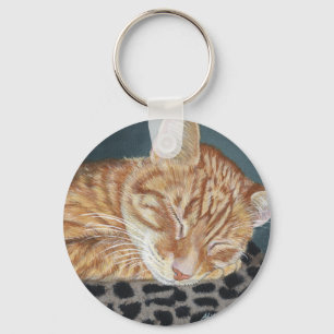 Orange Ginger Tabby Sleeping Cat Painting Art Key Ring