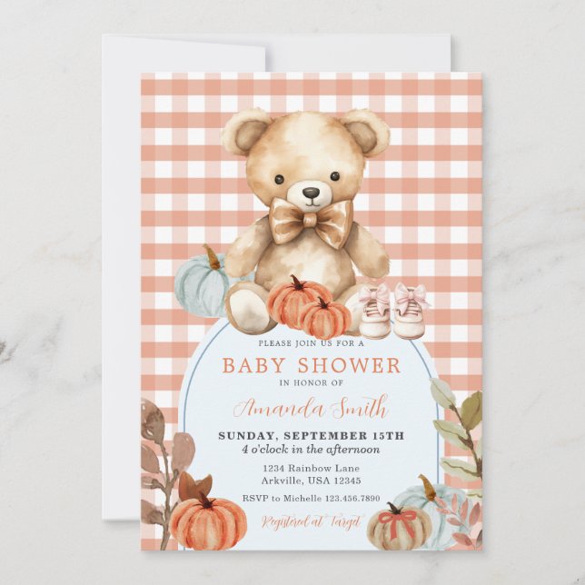 Orange Gingham Bear Pumpkin Shoes Baby Shower  Invitation (Front)