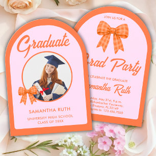 Orange Gingham Bow Arch Photo Graduation Party Invitation