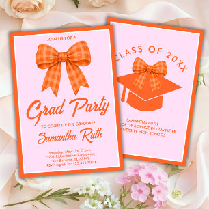 Orange Gingham Bow Graduation Party Invitation